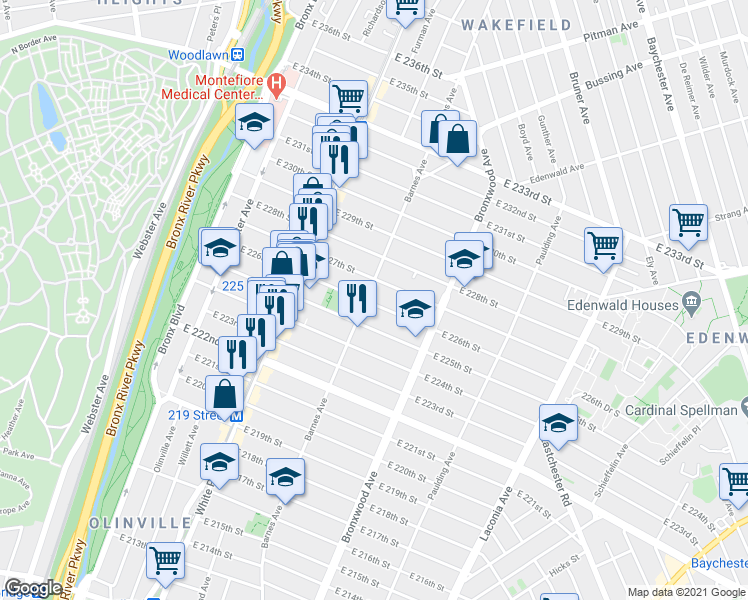 map of restaurants, bars, coffee shops, grocery stores, and more near 801 East 226th Street in Bronx