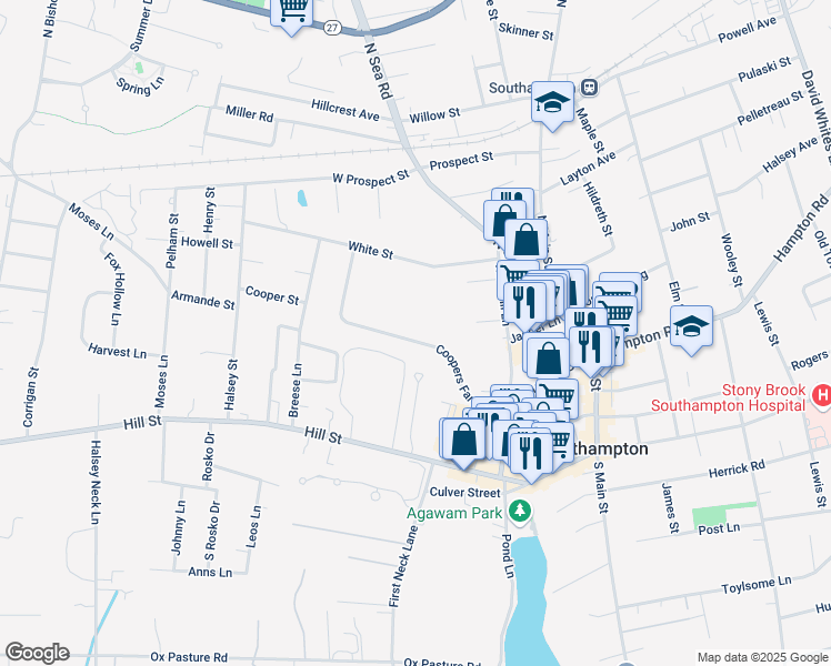 map of restaurants, bars, coffee shops, grocery stores, and more near 118 Coopers Farm Road in Southampton