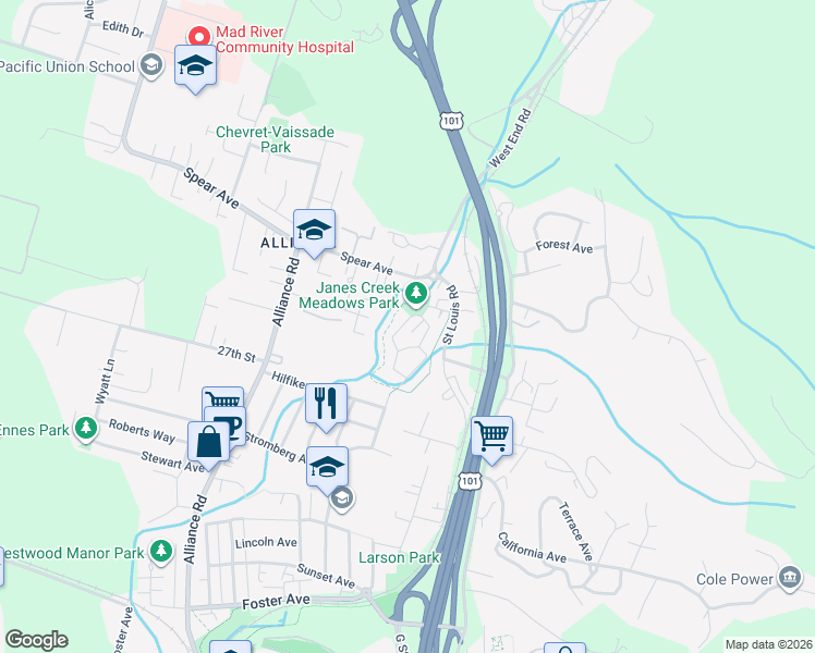map of restaurants, bars, coffee shops, grocery stores, and more near 2750A Meadow Creek Way in Arcata