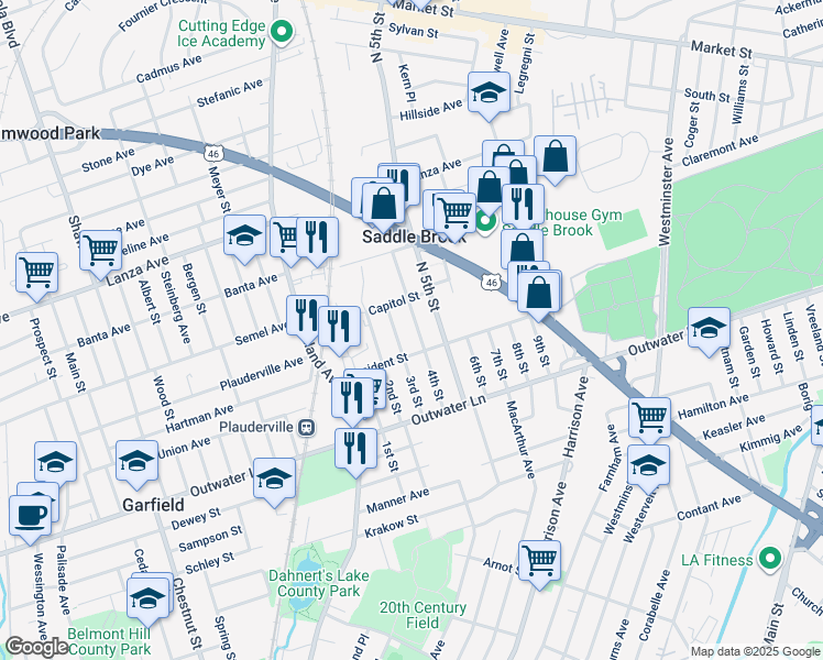 map of restaurants, bars, coffee shops, grocery stores, and more near 281 4th Street in Saddle Brook