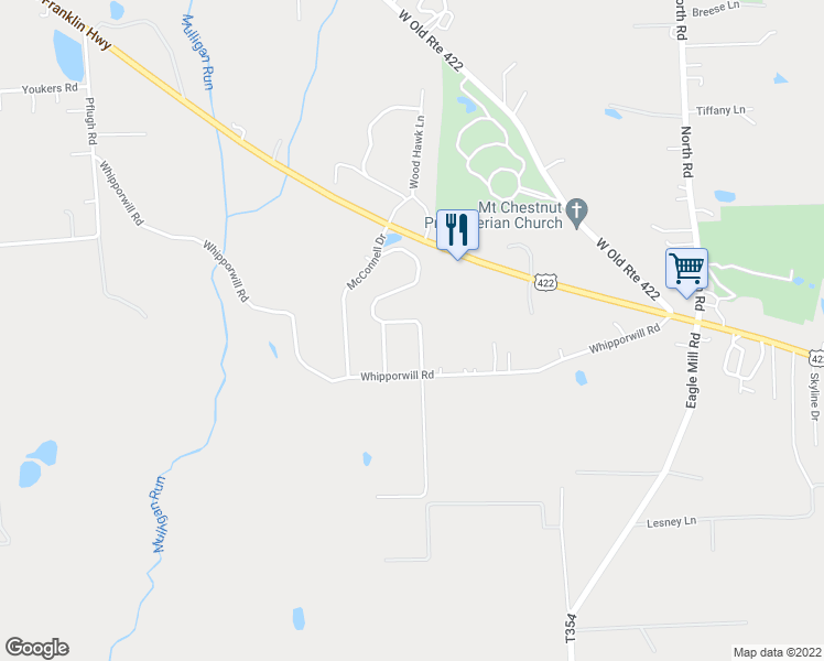 map of restaurants, bars, coffee shops, grocery stores, and more near 126 T438 in Butler
