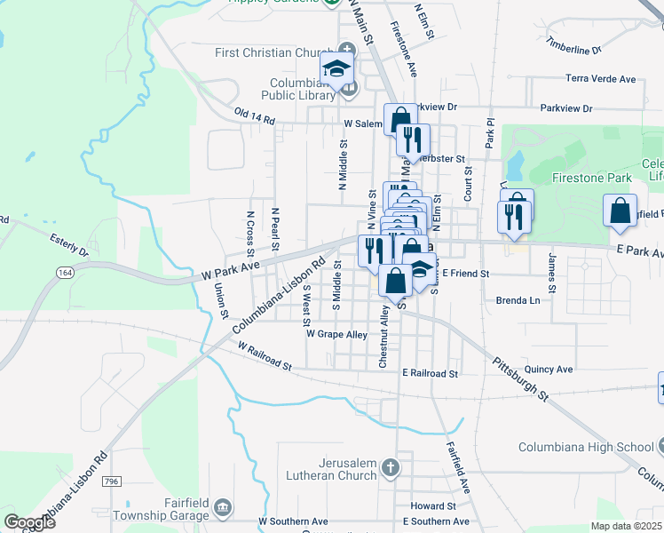 map of restaurants, bars, coffee shops, grocery stores, and more near 115 South Middle Street in Columbiana