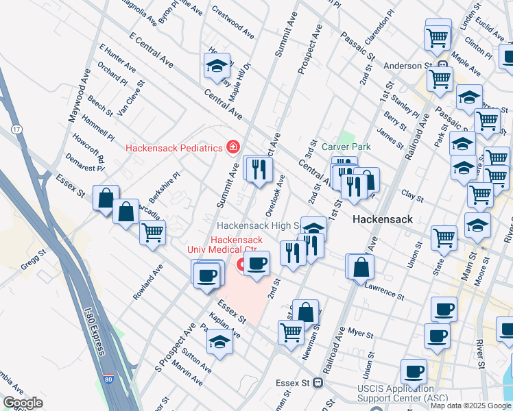 map of restaurants, bars, coffee shops, grocery stores, and more near 310 Beech Street in Hackensack