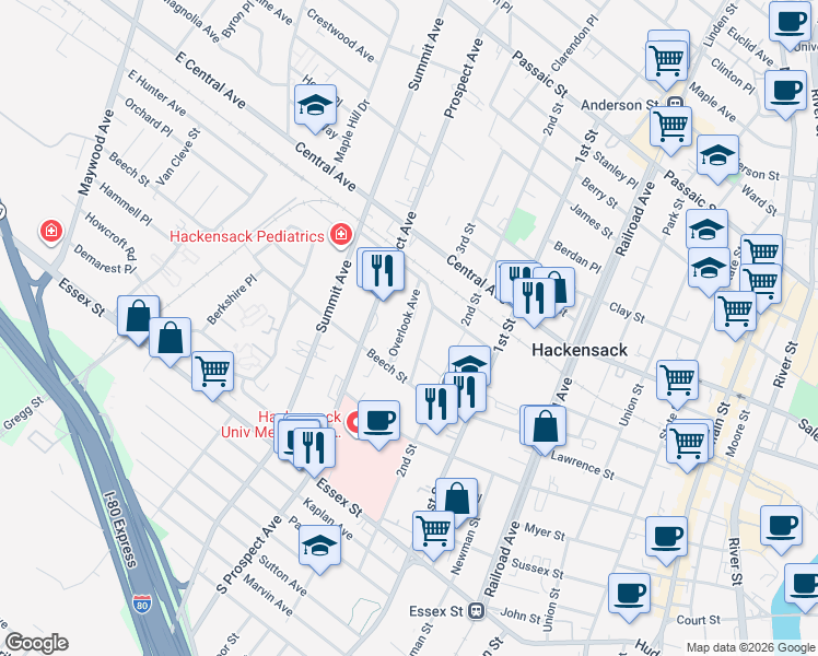 map of restaurants, bars, coffee shops, grocery stores, and more near 310 Beech Street in Hackensack