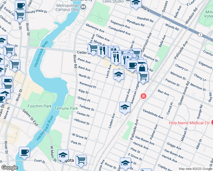 map of restaurants, bars, coffee shops, grocery stores, and more near 221 Larch Avenue in Teaneck
