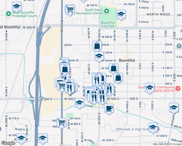 map of restaurants, bars, coffee shops, grocery stores, and more near 198 South 200 West in Bountiful