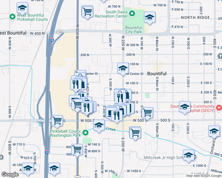 map of restaurants, bars, coffee shops, grocery stores, and more near 241 South 350 West in Bountiful