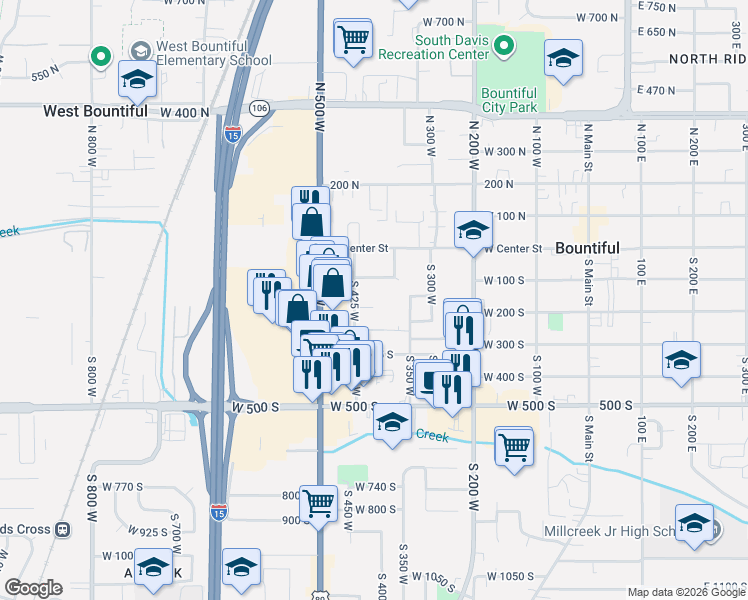 map of restaurants, bars, coffee shops, grocery stores, and more near 379 West 200 South in Bountiful