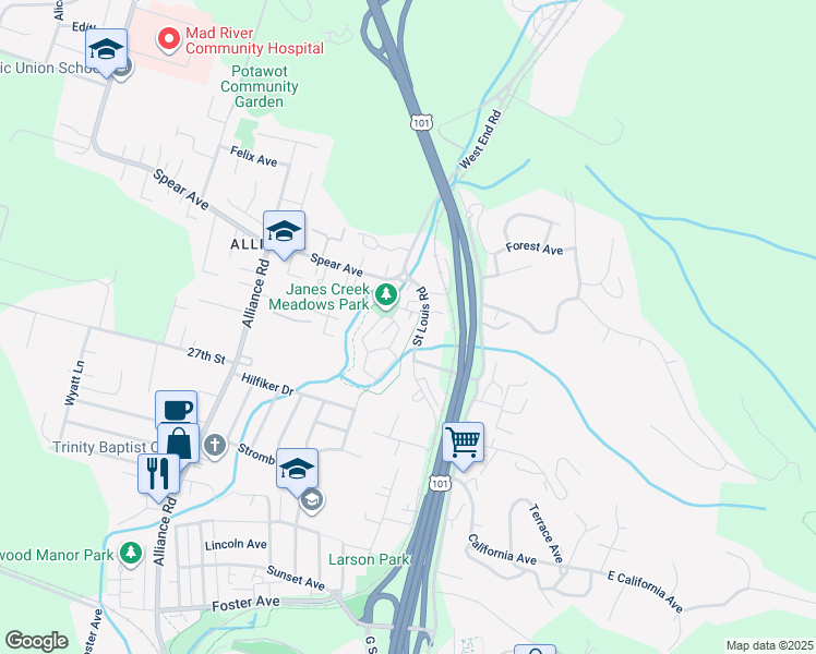 map of restaurants, bars, coffee shops, grocery stores, and more near 3120 St Louis Rd in Arcata