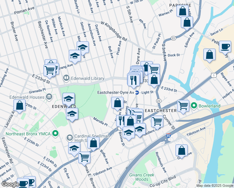 map of restaurants, bars, coffee shops, grocery stores, and more near 3675 Varian Avenue in Bronx