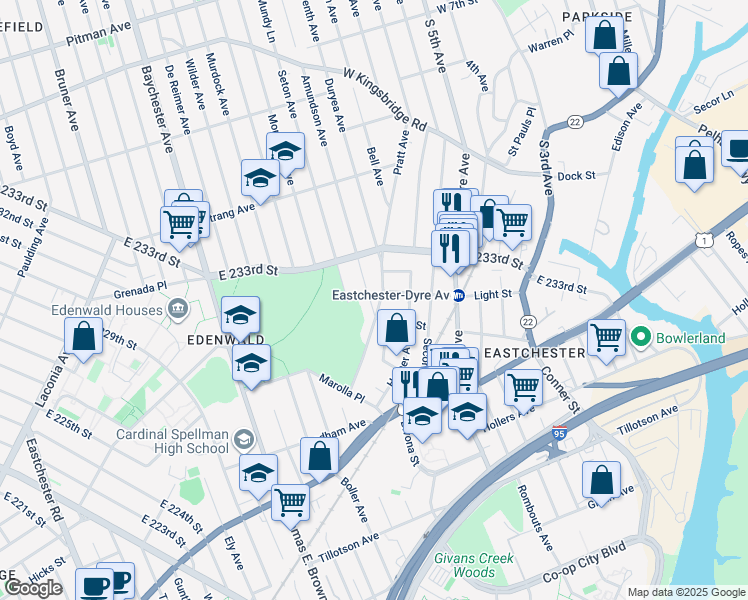 map of restaurants, bars, coffee shops, grocery stores, and more near 3675 Varian Avenue in Bronx