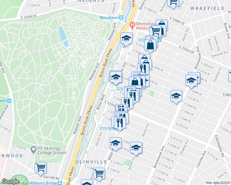 map of restaurants, bars, coffee shops, grocery stores, and more near 649 East 223rd Street in Bronx