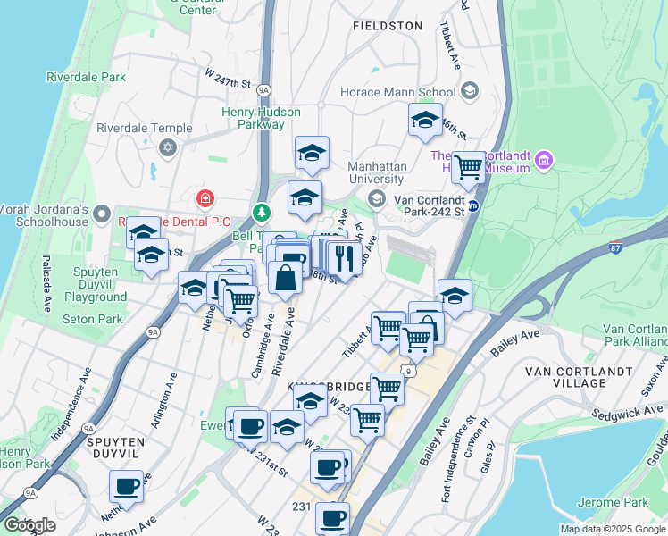 map of restaurants, bars, coffee shops, grocery stores, and more near 442 West 238th Street in Bronx