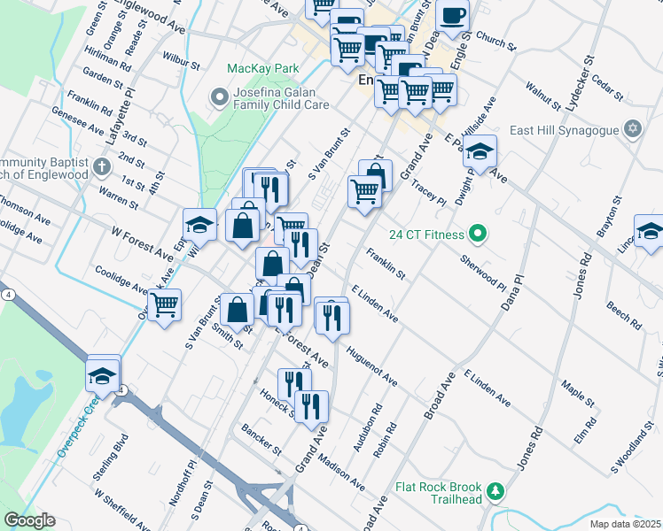 map of restaurants, bars, coffee shops, grocery stores, and more near 201 South Dean Street in Englewood