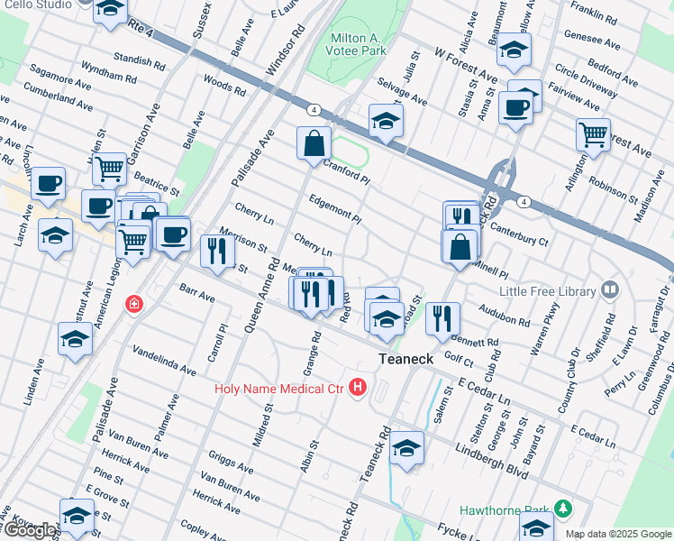 map of restaurants, bars, coffee shops, grocery stores, and more near 120 Merrison Street in Teaneck