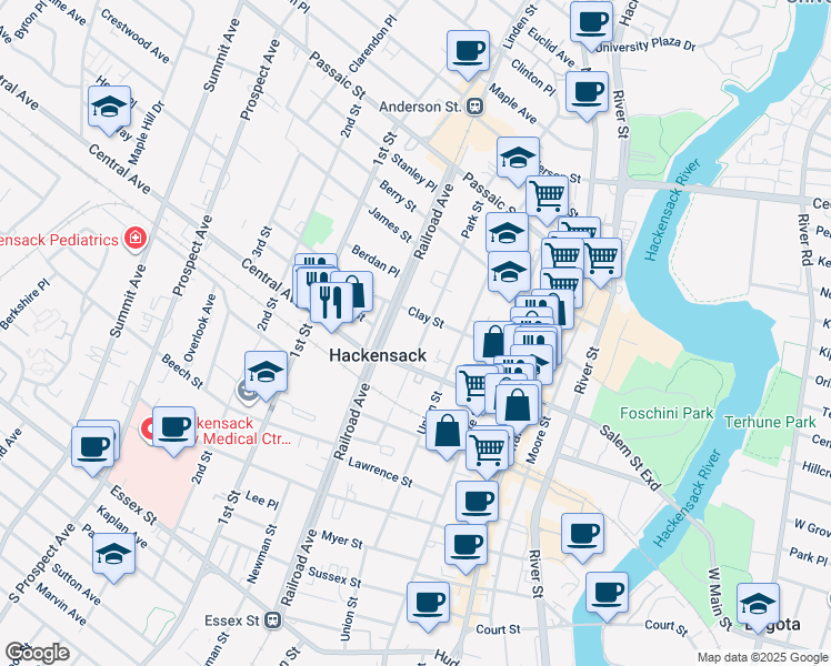 map of restaurants, bars, coffee shops, grocery stores, and more near 260 Park Street in Hackensack