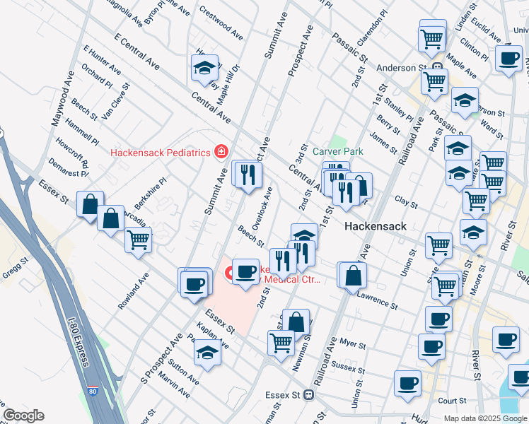 map of restaurants, bars, coffee shops, grocery stores, and more near 310 Beech Street in Hackensack
