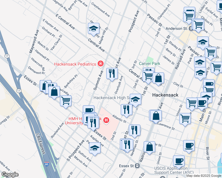 map of restaurants, bars, coffee shops, grocery stores, and more near 310 Beech Street in Hackensack