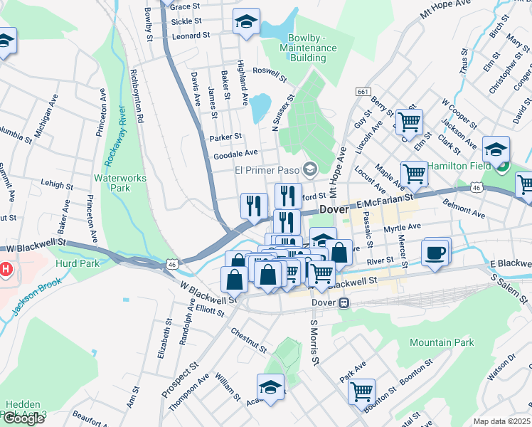 map of restaurants, bars, coffee shops, grocery stores, and more near 31 West Clinton Street in Dover