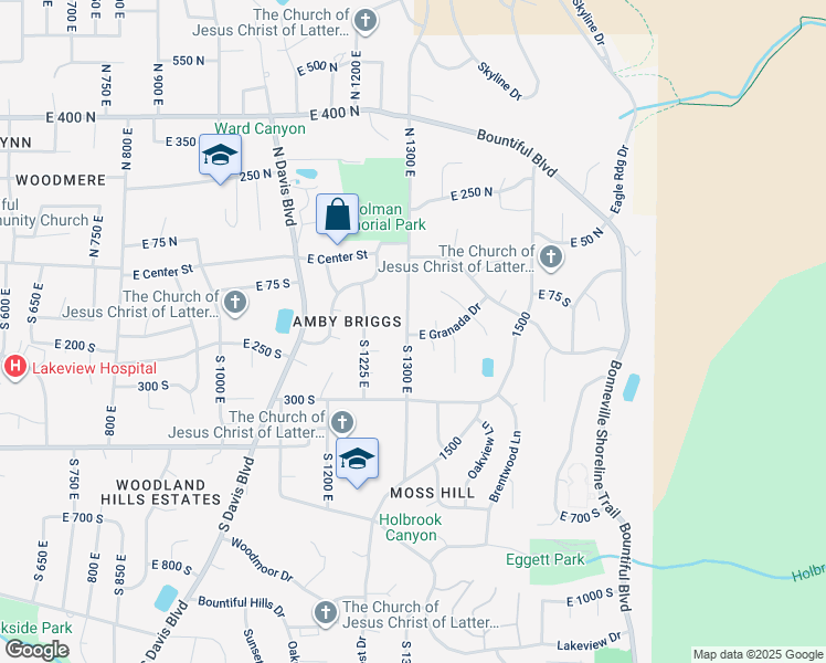 map of restaurants, bars, coffee shops, grocery stores, and more near 183 South 1300 East in Bountiful