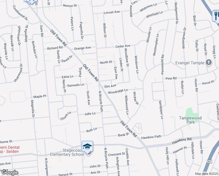map of restaurants, bars, coffee shops, grocery stores, and more near 22 Woodridge Lane in Coram