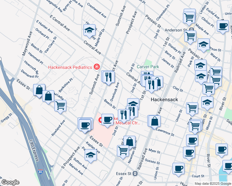 map of restaurants, bars, coffee shops, grocery stores, and more near 310 Beech Street in Hackensack