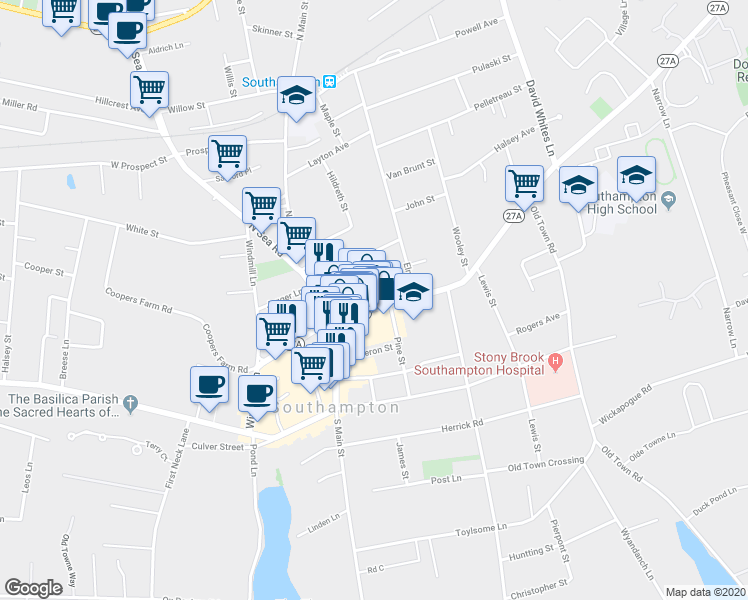 map of restaurants, bars, coffee shops, grocery stores, and more near 57 Hampton Road in Southampton