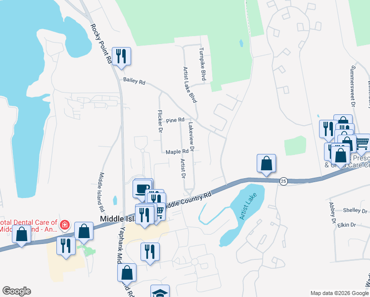 map of restaurants, bars, coffee shops, grocery stores, and more near 24 Artist Drive in Middle Island