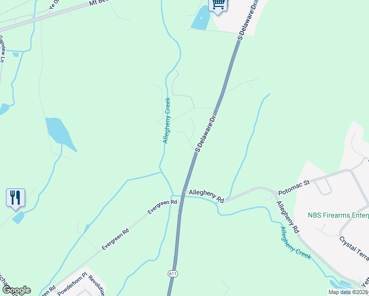 map of restaurants, bars, coffee shops, grocery stores, and more near 1632 South Delaware Drive in Mount Bethel
