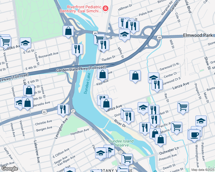 map of restaurants, bars, coffee shops, grocery stores, and more near 16 Iris Lane in Garfield