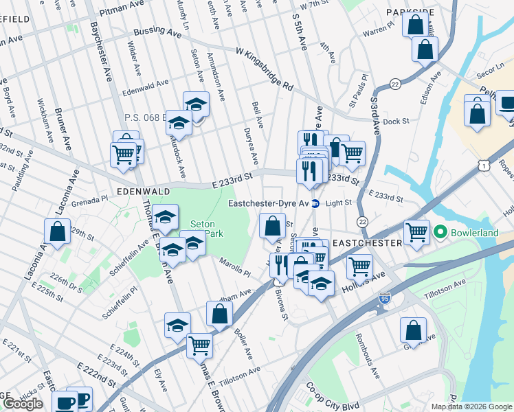 map of restaurants, bars, coffee shops, grocery stores, and more near 3675 Varian Avenue in Bronx