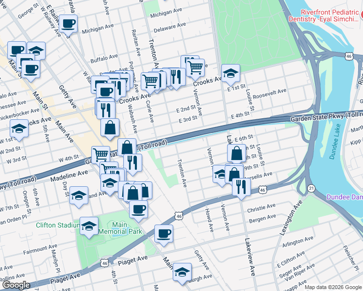 map of restaurants, bars, coffee shops, grocery stores, and more near 95 East 5th Street in Clifton