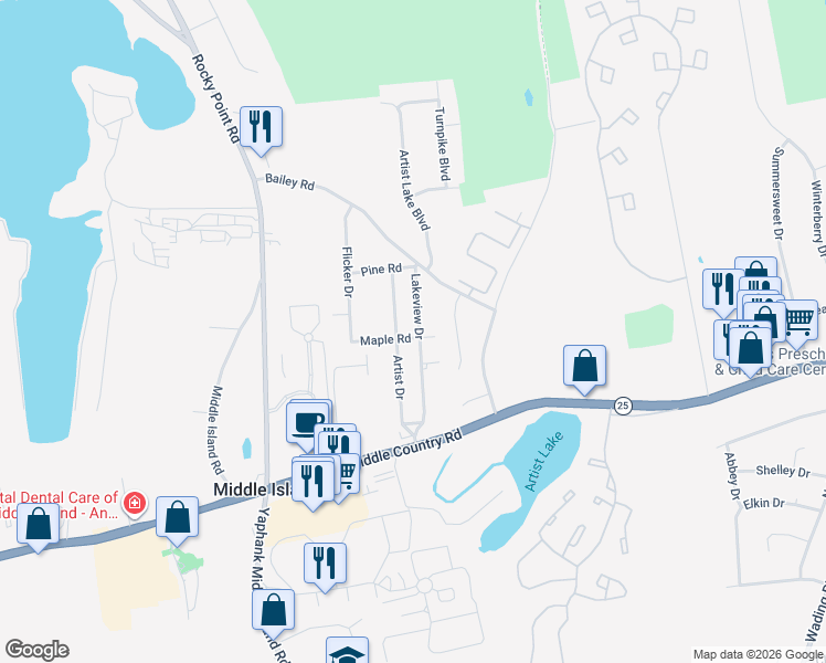 map of restaurants, bars, coffee shops, grocery stores, and more near 9 Lakeview Drive in Middle Island