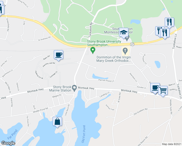 map of restaurants, bars, coffee shops, grocery stores, and more near 204 West Parrish Pond Court in Southampton