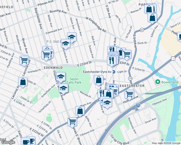 map of restaurants, bars, coffee shops, grocery stores, and more near 3886 Seton Avenue in Bronx