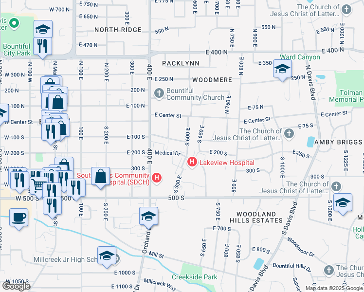 map of restaurants, bars, coffee shops, grocery stores, and more near 541 East 100 South in Bountiful