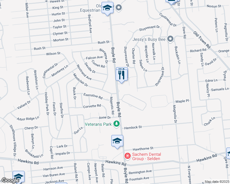map of restaurants, bars, coffee shops, grocery stores, and more near 45 Montclair Drive in Selden