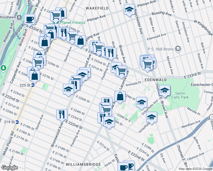 map of restaurants, bars, coffee shops, grocery stores, and more near 4124 Paulding Avenue in Bronx