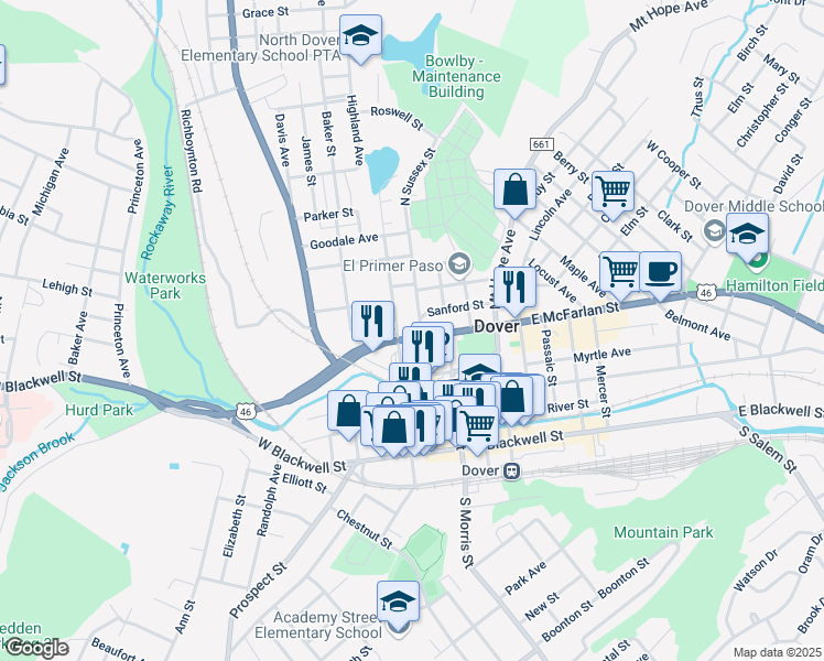 map of restaurants, bars, coffee shops, grocery stores, and more near 1 West McFarlan Street in Dover