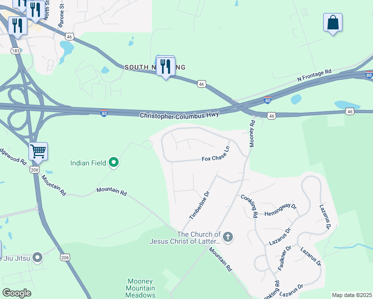 map of restaurants, bars, coffee shops, grocery stores, and more near 2 Driftway Court in Roxbury Township