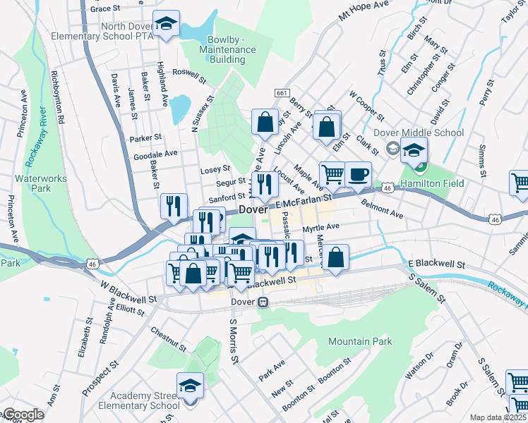map of restaurants, bars, coffee shops, grocery stores, and more near in Dover