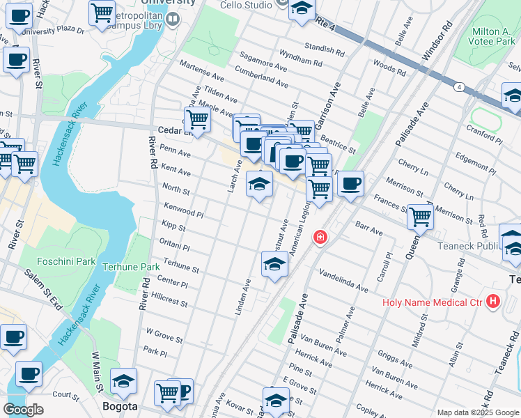 map of restaurants, bars, coffee shops, grocery stores, and more near 441 North Street in Teaneck