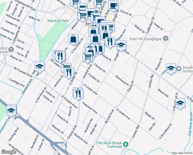 map of restaurants, bars, coffee shops, grocery stores, and more near 63 Franklin Street in Englewood