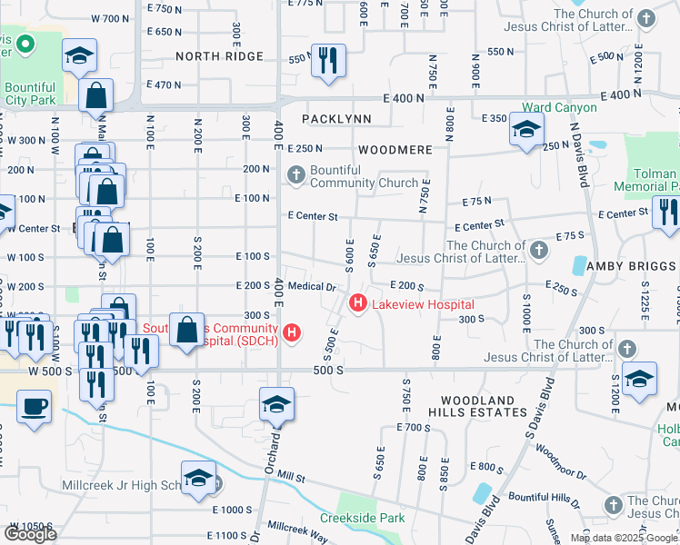 map of restaurants, bars, coffee shops, grocery stores, and more near 541 East 100 South in Bountiful