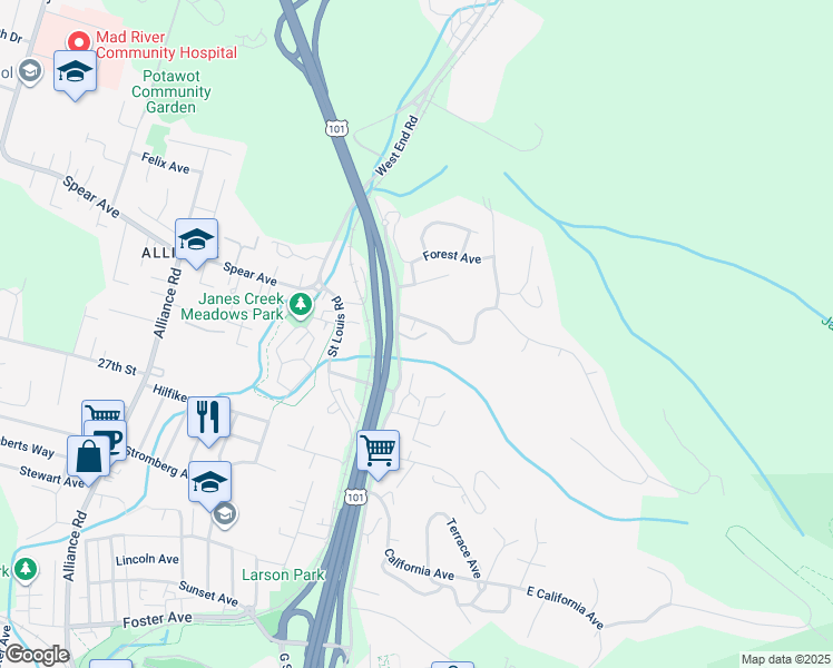 map of restaurants, bars, coffee shops, grocery stores, and more near 605 Diamond Drive in Arcata
