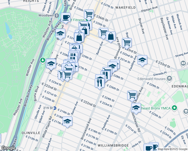 map of restaurants, bars, coffee shops, grocery stores, and more near 826 East 228th Street in The Bronx