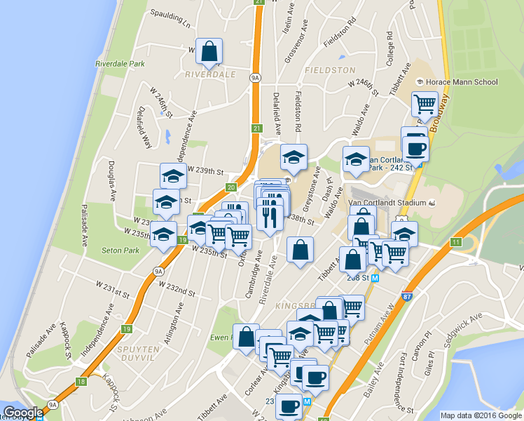 map of restaurants, bars, coffee shops, grocery stores, and more near 3811 Riverdale Avenue in Bronx