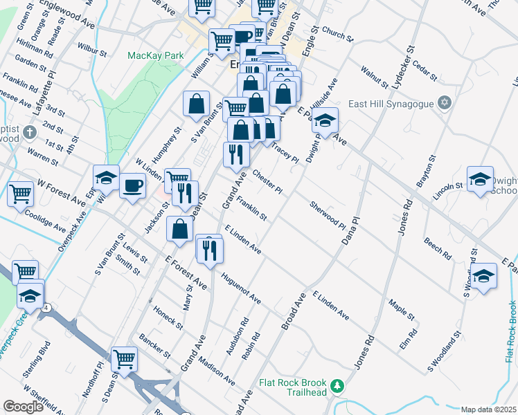 map of restaurants, bars, coffee shops, grocery stores, and more near 63 Franklin Street in Englewood
