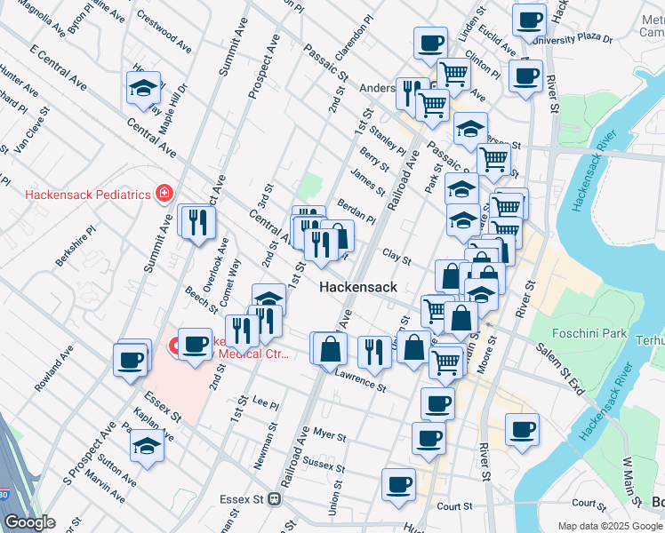 map of restaurants, bars, coffee shops, grocery stores, and more near 195 High Street in Hackensack