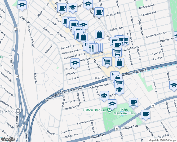 map of restaurants, bars, coffee shops, grocery stores, and more near 75 5th Avenue in Clifton